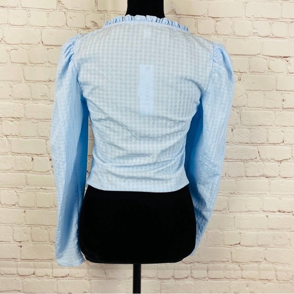 025 - TOPSHOP Light Blue Gingham
Sweetheart Neck Ruffle Puff Sleeve Crop Top 2 - Picture 5 of 12